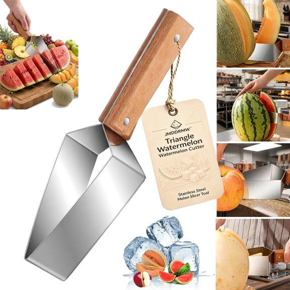 Triangle Watermelon Cutter Large Stainless Steel Melon Slicer Tool Ergonomic Wooden Handle Multifunction Function Summer Divider Wheel Handheld Cutting Fruit Kitchen Gadget Camping Picnic