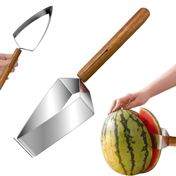 Triangle Watermelon Cutter Stainless Steel Fruit Slicer with Wooden Handle, Multi Function Melon Cutter Knife for Watermelon Cantaloupe Apple, Easy Slice Kitchen Gadget for Summer Picnic BBQ Party