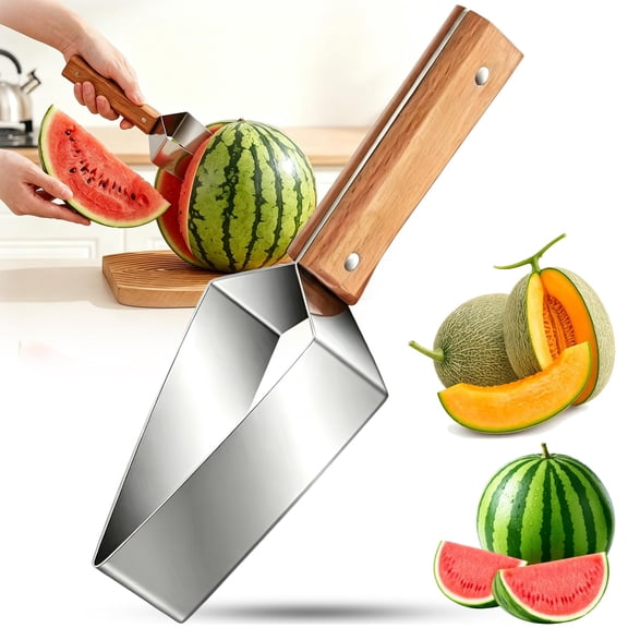 Triangle Watermelon Cutter, Stainless Steel Fruit Slicer with Wooden Handle, Multi-Purpose Melon Tool for Watermelon & Cantaloupe, Safe for Kitchen & Outdoor Use