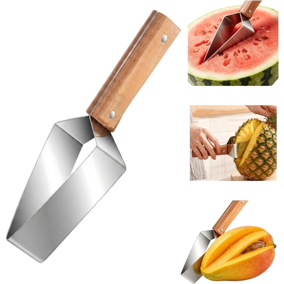 Triangle Watermelon Cutter, Stainless Steel Melon Slicer with Wooden Handle, Fruit Wedge Cutter for Watermelon, Cantaloupe, Honeydew, Apples, Home Kitchen, Camping, Picnic & Party(1 PCS)