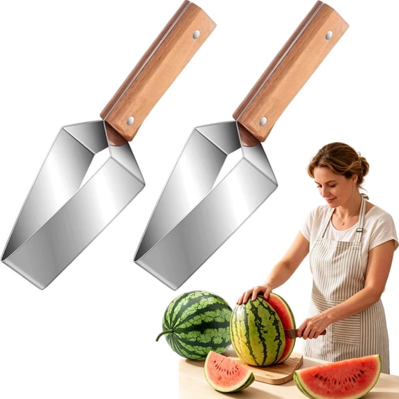 Triangle Watermelon Cutter, Stainless Steel Watermelon Cutter Slicer Tool, Ultifunctional Fruit Slicing and Meat Divider with Wooden Handle