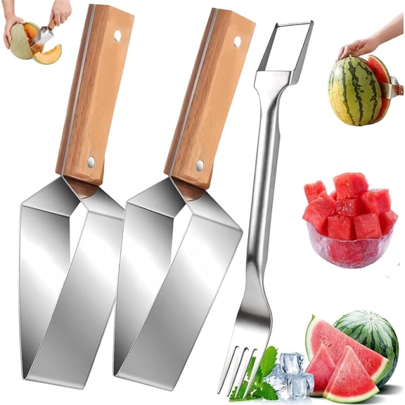 Triangle Watermelon Cutter, Stainless Steel Watermelon Slicer, Portable Watermelon Cutter Slicer Tool with Wooden Handle, FruitCutter Kitchen Gadgets for Watermelon Melon Cantaloupe Apple (3 PCS)