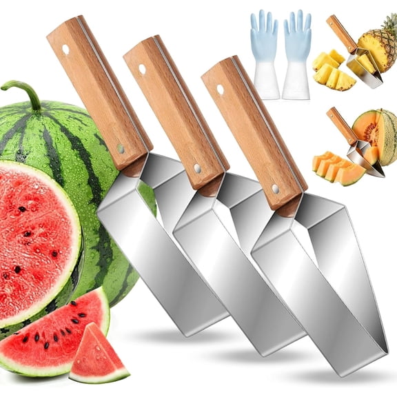 Triangle Watermelon Cutter, Stainless Steel Watermelon Slicer with Wooden Handle, Melon Wedge Slicer for Fruit Platters, Kitchen Gadget (3 Pcs)