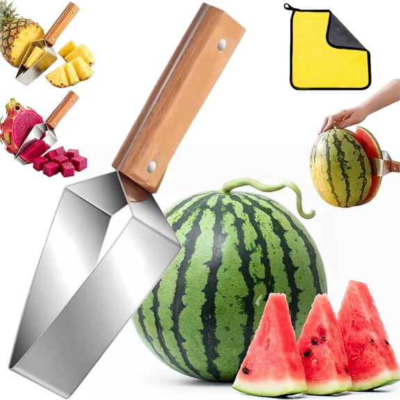 Triangle Watermelon Cutter, Stainless Steel with Wooden Handle -Melon Slicer, Fruit Cutter for Kitchen Gadgets, Stainless Steel Watermelon Slicer Tool for Home Kitchen Camping Picnic