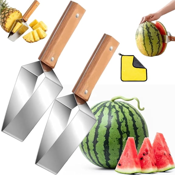 Triangle Watermelon Cutter, Stainless Steel with Wooden Handle -Melon Slicer, Fruit Cutter for Kitchen Gadgets, Stainless Steel Watermelon Slicer Tool for Home Kitchen Camping Picnic