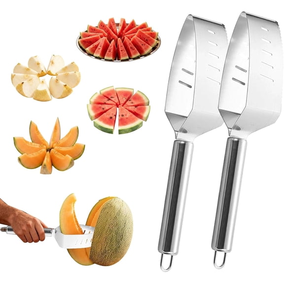  Triangle Watermelon Cutter, Stainless Steel with Wooden Handle Melon Slicer, Tool Watermelon Cutting Gadget Tomato Fruit Cutter Slicer for Home Kitchen Camping Picnic (Silver#2Pcs)M
