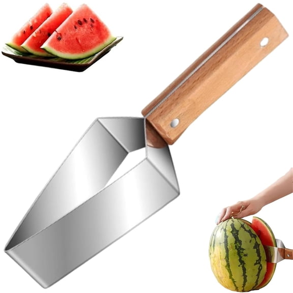 Triangle Watermelon Cutter, Stainless Steel with Wooden Handle Melon Slicer, Easy Fruit Cutting & Clean Serving for Honeydew & Large Watermelons