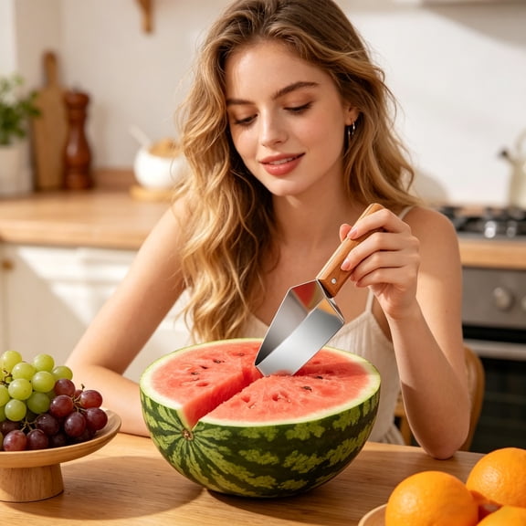 Triangle Watermelon Cutter, Stainless Steel with Wooden Handle - Melon Slicer, Fruit Cutter for Kitchen Gadgets