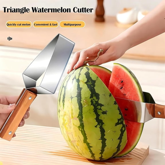 Triangle Watermelon Cutter – Stainless Steel with Wooden Handle – Professional Fruit Slicer for Watermelon Cantaloupe and Melon – 2 Pack