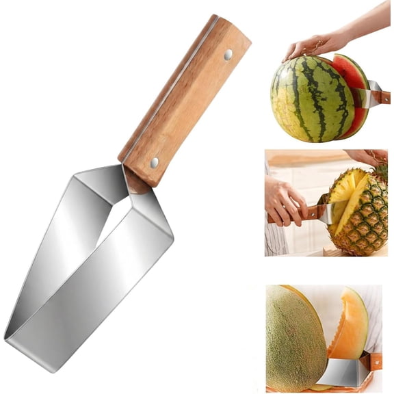 Triangle Watermelon Cutter with Wooden Handle&Stainless Steel Melon Slicer Tool,Honeydew Melon Slicer Cutter Tool-Unique Diamond Grid for Quick Uniform Cubes, Honeydew Melon Knife