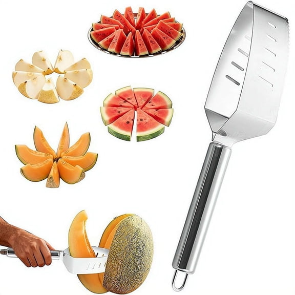 Triangle Watermelon Slicer, Stainless Steel Triangle Cutter with Wooden Handle, Multi-Functional Fruit Cube Slicing Tool for Cantaloupe and Honeydew, Essential Summer Kitchen Gadgets for BBQ Parties