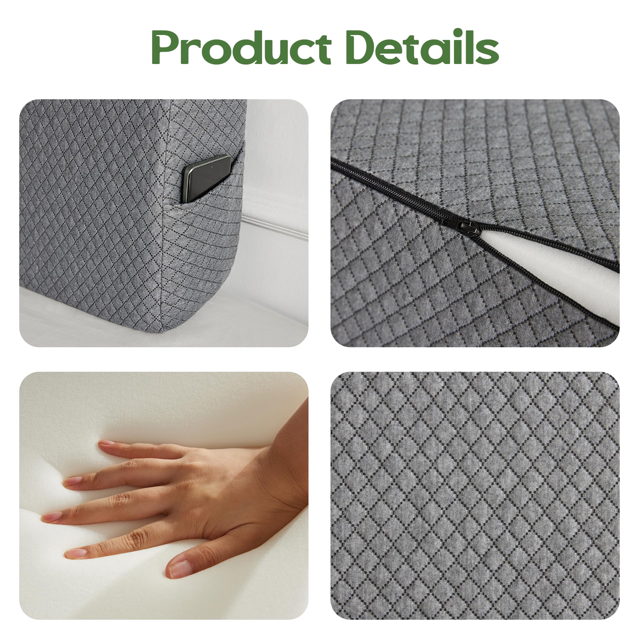 Triangle Wedge Pillow for Twin Bed Headboard, Memory Foam Back Support Cushion, Reading Nap Pillow for Dorm Daybed, Grey