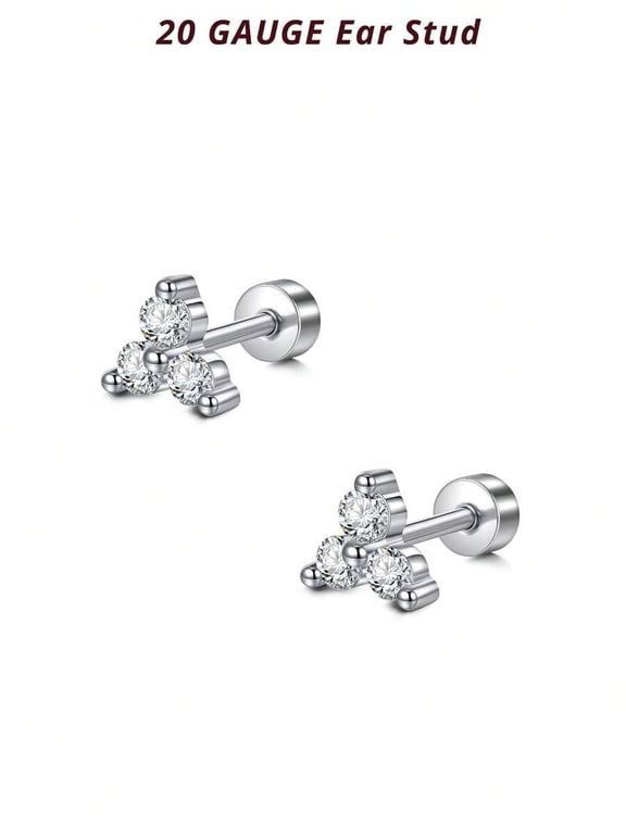 Triangle White Diamond 3 Stone Triangle Cubic Zirconia 20G Flat Back Ear