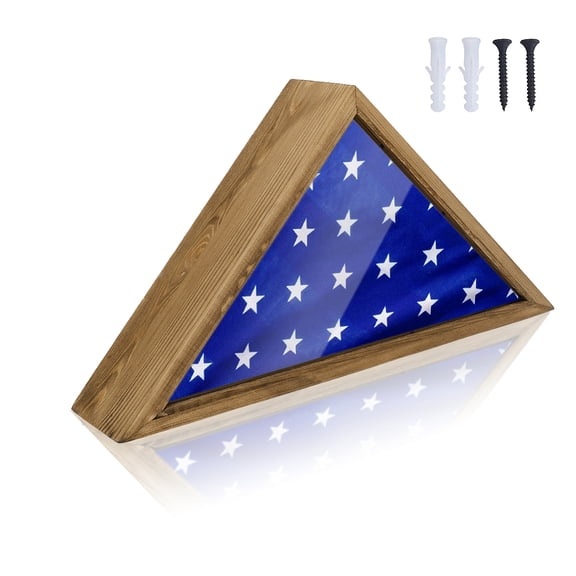 Triangle Wooden Wall Mounted Foldable Flag Cases Flag Display Holder with Clear Visible Acrylic Windows Tan 44.3x22.6x8.6cm