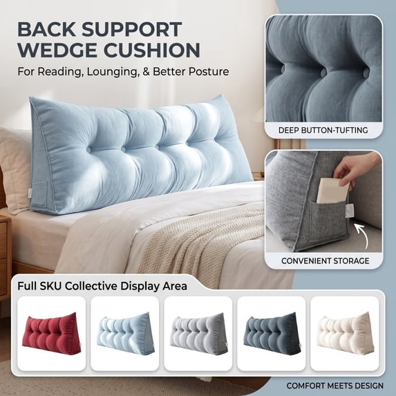 Triangular Back Rest Pillow with Tufted Cotton Linen Design, Dark Gray ...