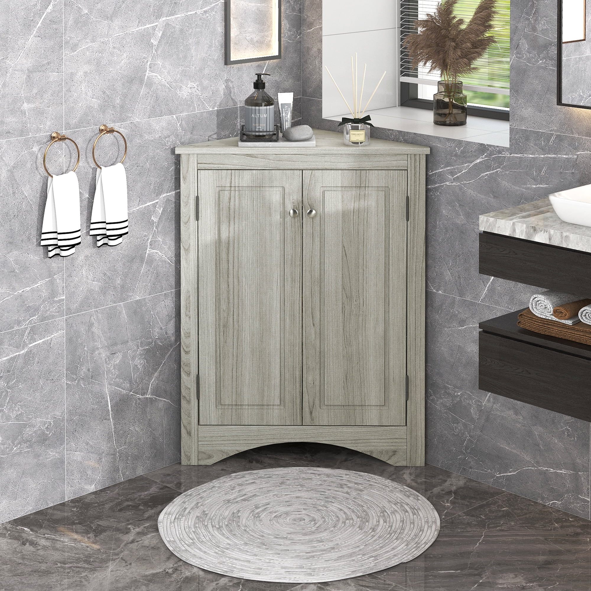 Triangular Bathroom Corner with Doors, Adjustable Shelves