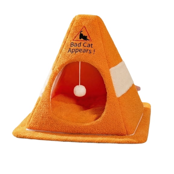 Triangular Cat House, 15.7in Orange Plush Tent Bed for Kittens, Open Front Kitty Cave, Warm Cozy Pet Sleeping Den, Non-Slip Base Indoor Outdoor