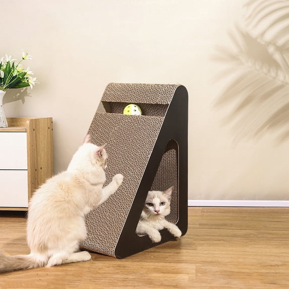 Triangular Cat Scratcher Bed with Spinning Balls, Cardboard Ramp Toy, 24x27x37cm, High Density, Double Sided, Relieves Stress Protects Furniture