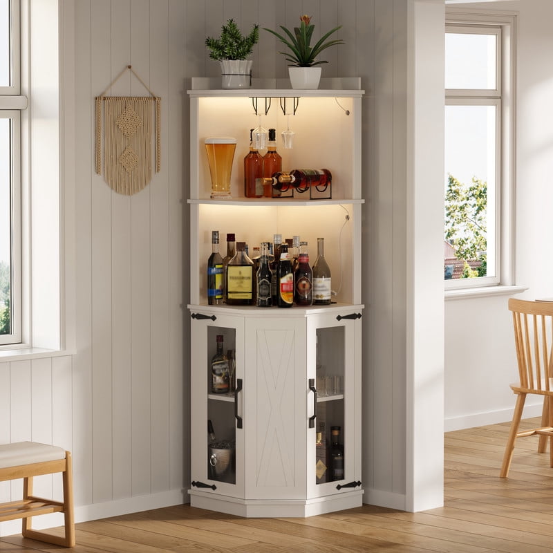 Triangular Corner Bar Cabinet with Power Outlet, Farmhouse Wine Storage Cabinet with Adjustable Shelves, LED Lights & Glass Rack