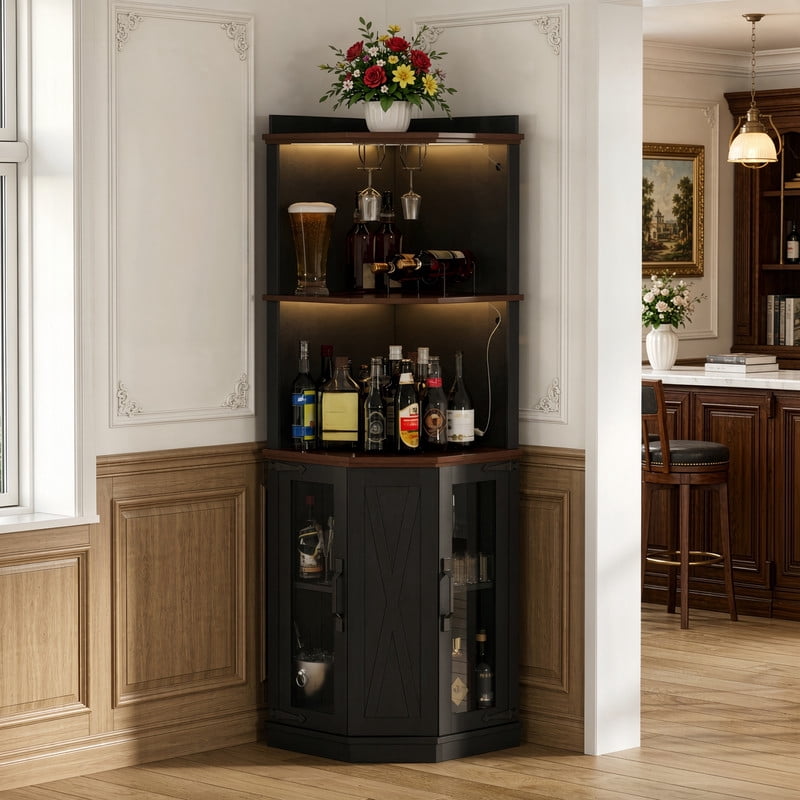 Triangular Corner Bar Cabinet with Power Outlet, Farmhouse Wine Storage Cabinet with Adjustable Shelves, LED Lights & Glass Rack