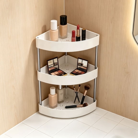 Triangular Corner Shelf Organizer for Kitchen and Bathroom – Multi-Tier Plastic Spice Rack with Drainage and Safety Features White