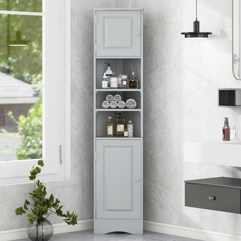 Triangular Corner Storage Cabinet with 2 Doors, Tall Bathroom Hutch Cabinet and Adjustable Shelves
