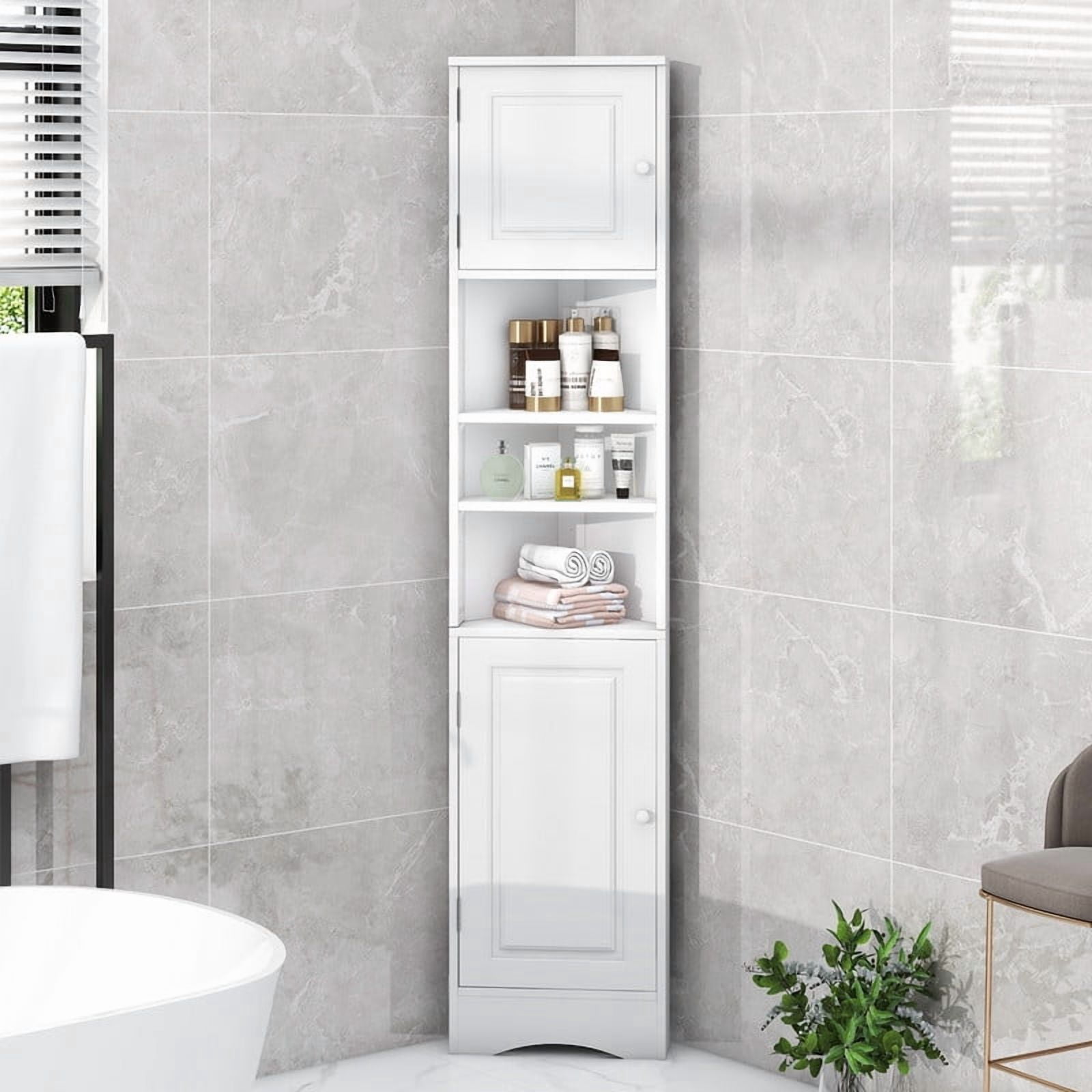 Triangular Corner Storage Cabinet with 2 Doors, Tall Bathroom Hutch Cabinet and Adjustable Shelves