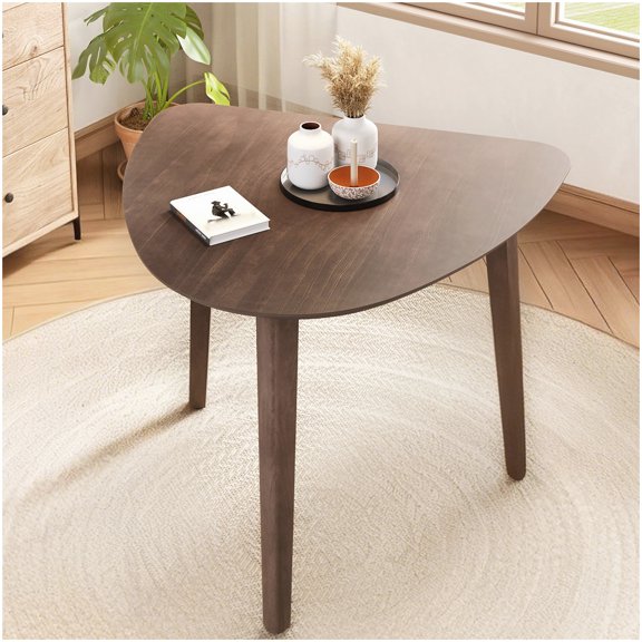 Triangular Dining Table Brown Finish MDF Top Rubber Wood Legs for Home Use