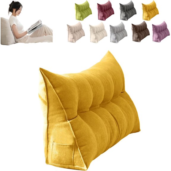 Triangular Dorm Headboard Pillow, Wedge Supportive Headboard Pillow with Side Pocket, Soft Fluffy Reading Pillow Backrest Cushion, Pillow for College Dorm Beds, for Back to School(Yellow, 31.50 in)