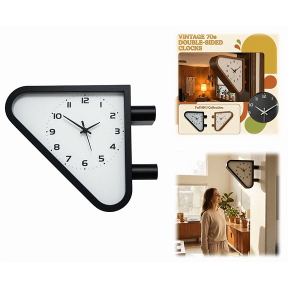 Triangular Double-Sided Wall Clock, 1970s Classic Industrial Wall Clock, Dual-Sided Viewing Corner Clock for Home Kitchen Hallway Office Decoration (Black)