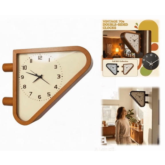 Triangular Double-Sided Wall Clock, 1970s Classic Industrial Wall Clock, Dual-Sided Viewing Corner Clock for Home Kitchen Hallway Office Decoration (Brown)