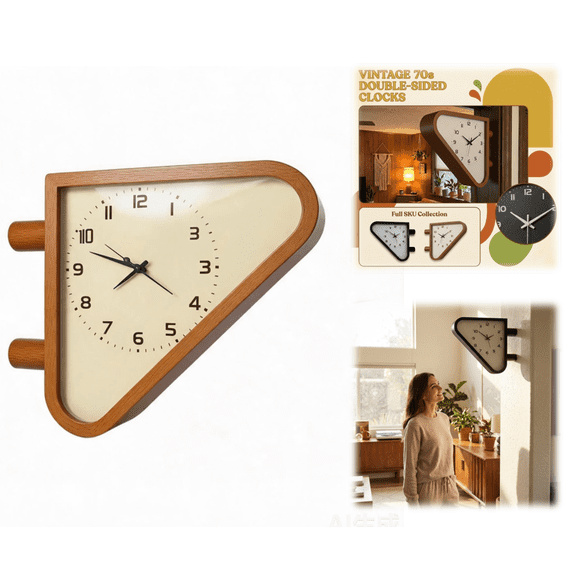 Triangular Double-Sided Wall Clock, Train Station Style Double Sided Clock, Silent Sweeping Movement Retro Corner Clock for Living Room Hallway Cafe (Brown)