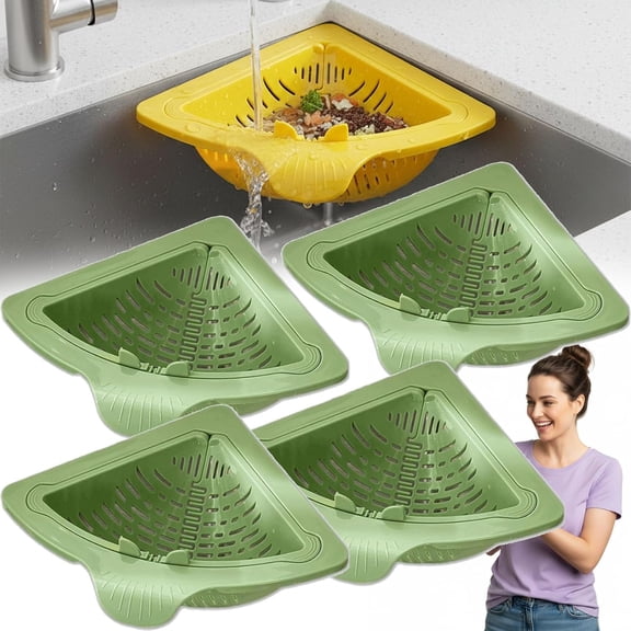 Triangular Drain Basket for Kitchen Sink, Magnetic Corner Sink Strainer with Foldable Design, Large Capacity Punch-Free Installation Filter Basket for Draining & Storage, No Tools Needed