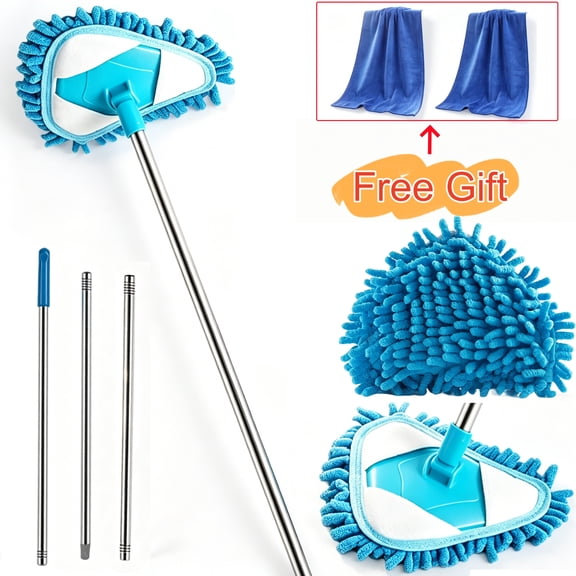 Triangular Dust Mop with 180 Degree Rotating Head, 3-Section Extendable Pole for Ceiling and Wall Cleaning, Washable Microfiber Cloth for Wet and Dry Use on Hard Floors (1 Pc)