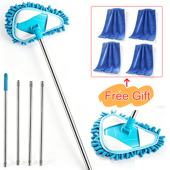 Triangular Dust Mop with 180 Rotating Head, 4-Section Extendable Pole for Ceiling and Hard to Reach Areas, Multi-Surface Wet and Dry Cleaning Tool (2 Pcs)