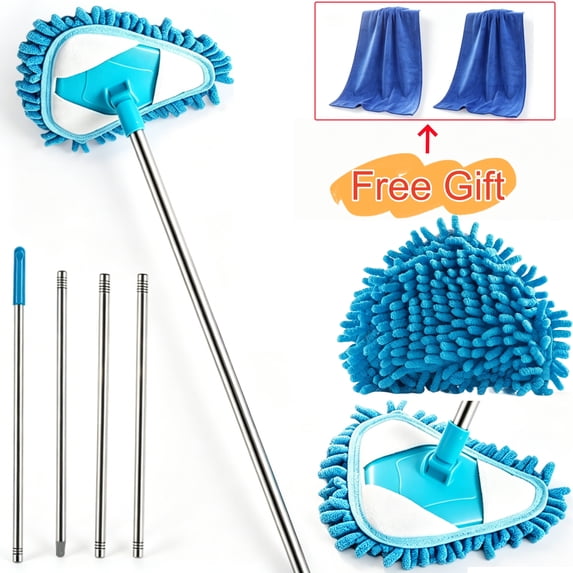 Triangular Dust Mop with 180 Rotating Head, 4-Section Extendable Pole for Ceiling and Hard to Reach Areas, Multi-Surface Wet and Dry Cleaning Tool (2 Pcs)