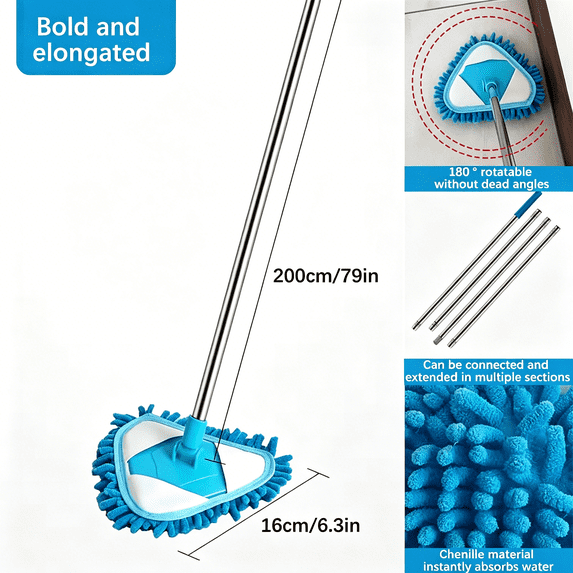 Triangular Dust Mop with 180° Rotating Head - Extendable Wet Dry Floor Mop for Hardwood Tile - Microfiber Washable Pads - Multi-Surface Cleaning Tool for Home Kitchen Bathroom | 1 Pack