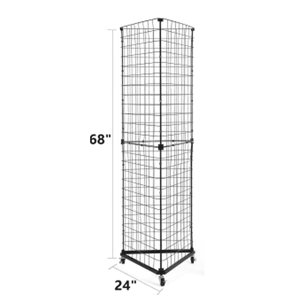 Triangular Gridwall Panel Display Stand, 3-Sided Grid Tower with Base and Casters, 2'x5.5' Floorstanding Wire Grid Rack, Black