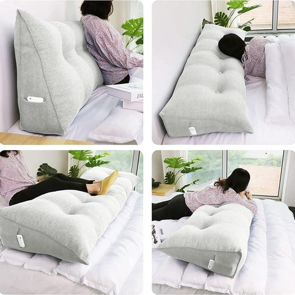 Triangular Headboard Pillow Bed Wedge Pillow for Headboard Full Size Wedge Pillow Headboard for Daybed Bunk Bed Large Bolster Pillow for Bed with Removable Cover, Grey-Beige