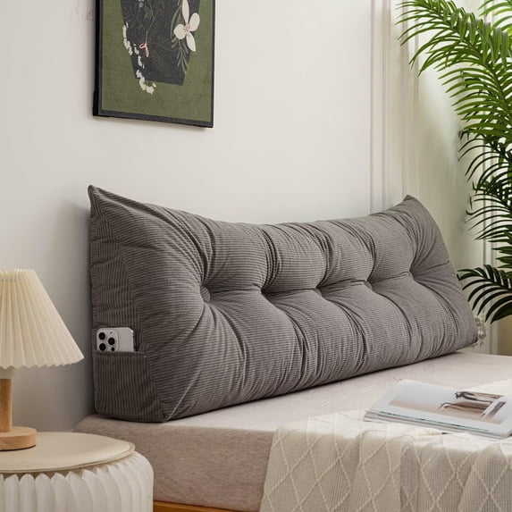 Triangular Headboard Pillow Full Size with Side Pockets ,Bed Rest Reading Pillow, Removable & Washable Cover, Daybed Wedge Pillow Gray 47in*4.7in*15.7in