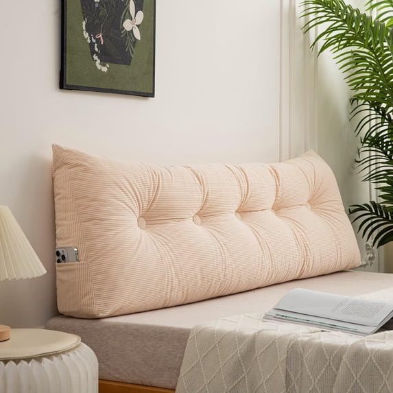 Triangular Headboard Pillow Full Size with Side Pockets ,Bed Rest Reading Pillow, Removable & Washable Cover, Daybed Wedge Pillow Yellow 47in*4.7in*15.7in