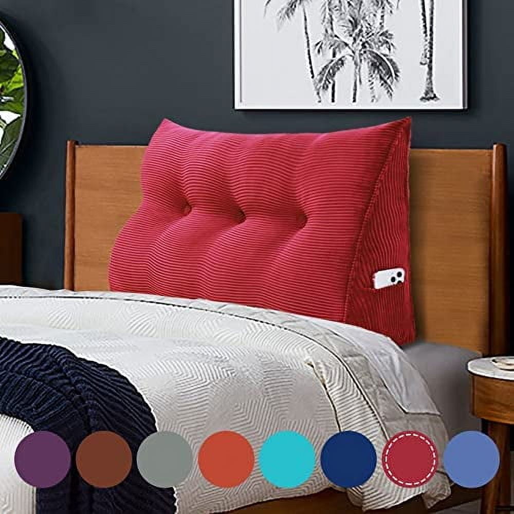Triangular Headboard Pillow With Neck Roll - Bed Wedge Reading Pillow, Teddy Velvet Beige