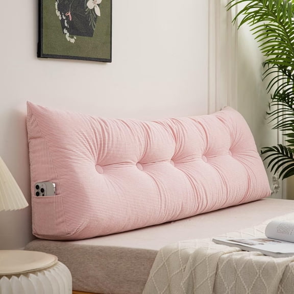 Triangular Headboard Pillow Twin Size with Side Pockets ，Bed Rest Reading Pillow, Removable & Washable Cover, Daybed Wedge Pillow Pink 39in*4.7in*15.7in