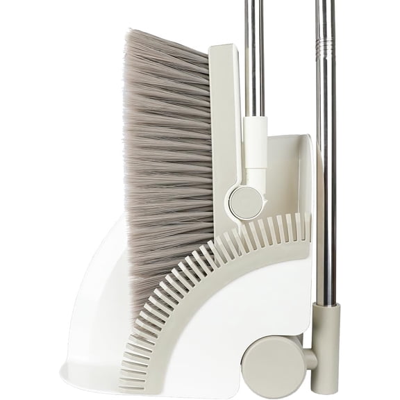 Triangular Indoor Broom and Dustpan Comb Set, 180 Rotating, Soft Bristle Long Handle Upright Sweeping Angled Broom with Self-Cleaning Teeth for Home, Kitchen, Office, Wood Floor (White Gray)