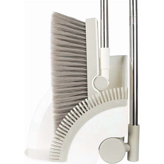 Triangular Indoor Broom and Dustpan Comb Set, 180 Rotating, Soft Bristle Long Handle Upright Sweeping Angled with Self-Cleaning Teeth for Home, Kitchen, Office, Wood Floor (White Gray)