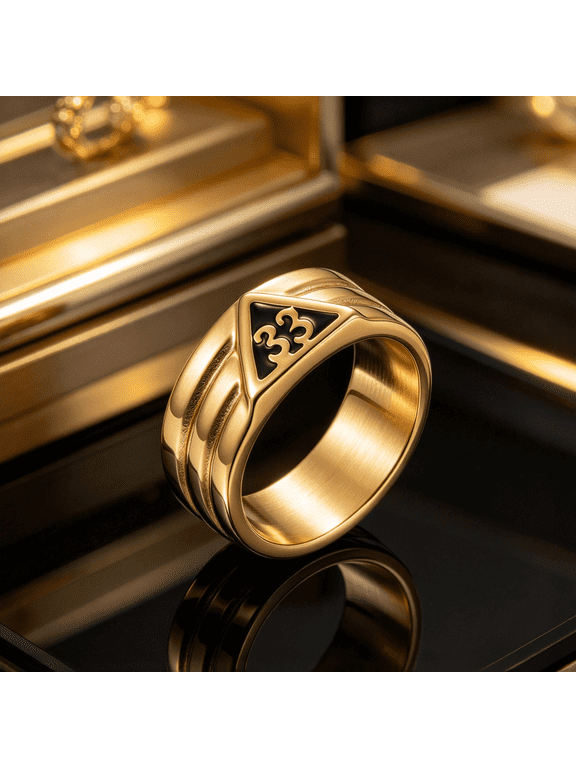 Triangular Inlay Number 33 Sculpted Band Ring For Men Women 14K Gold Filled Vintage Refined Jewelry