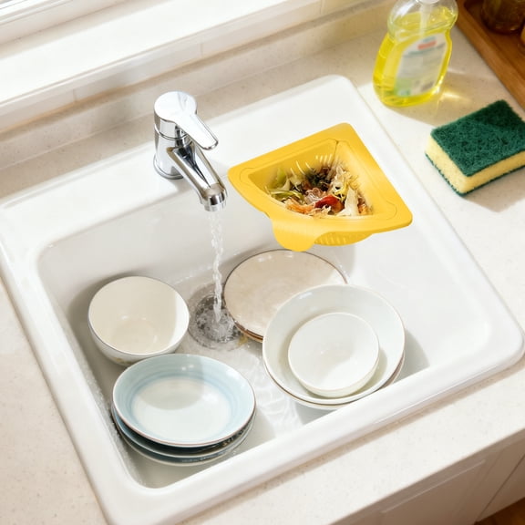 Triangular Kitchen Sink Strainer, Food Catcher with One-Hand Open Design, Easy to Install Corner Drain Basket for Fruit Veggies & Scraps