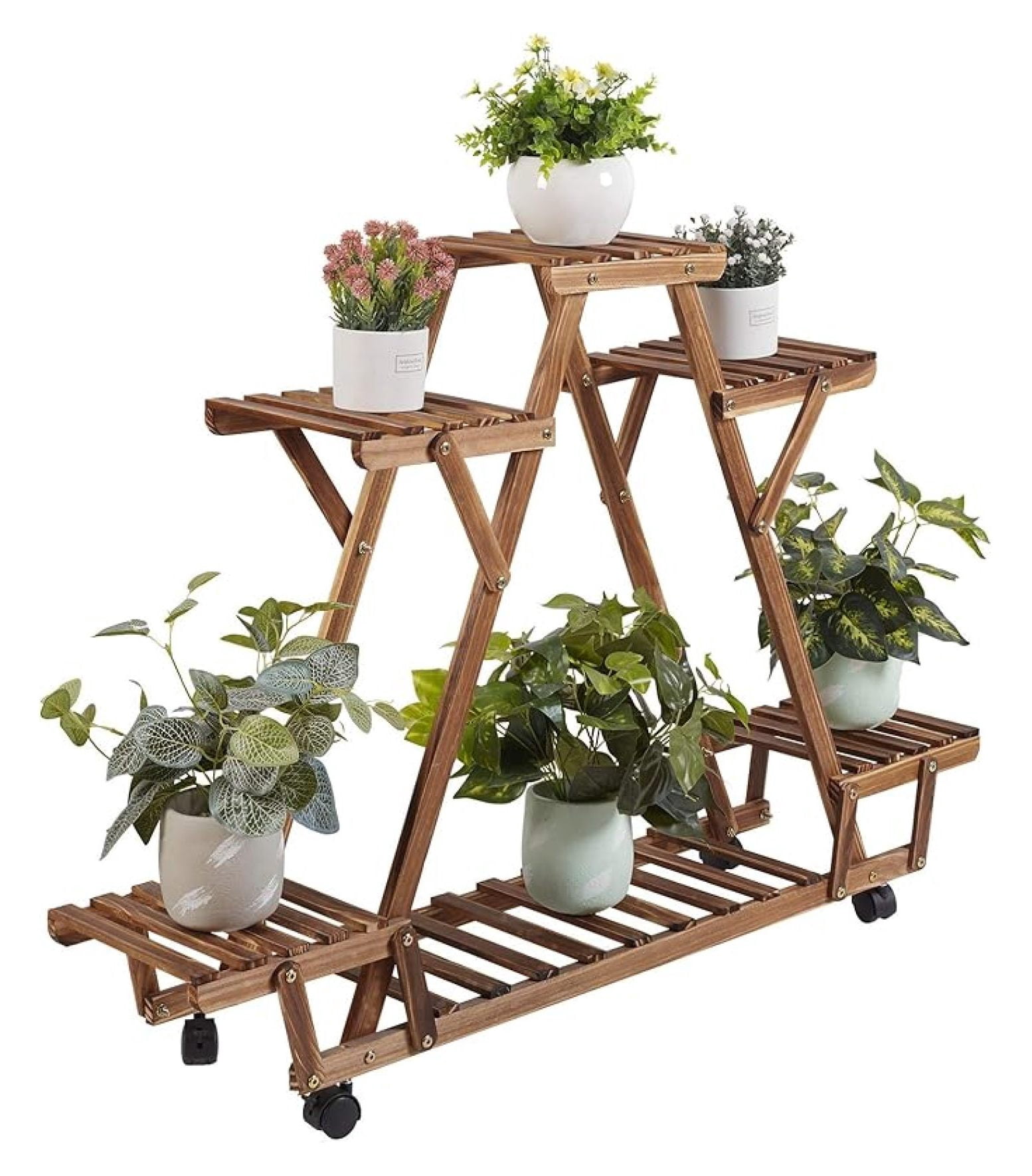 Triangular Pots Triangular Plants Stand 32 inch Tall Shelf with Wheels Indoor 6 Potted ...