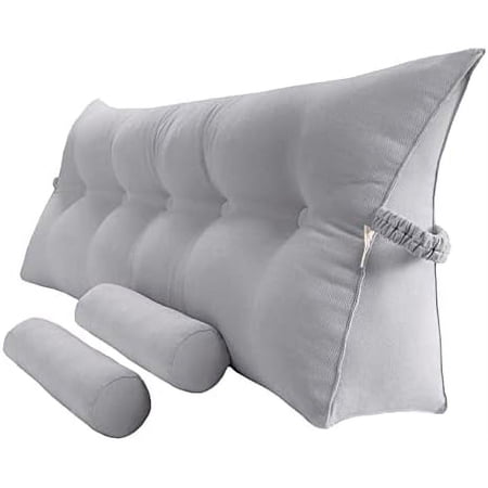 Triangular Reading Bed Pillow Large Bolster Cushion Headboard Back Wedge Pillow with Two Detachable Roll Pillows for Neck & Lumbar Support (Chalk Grey, Queen: 59 x 8 x 20 inches)