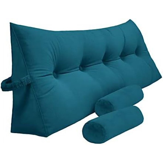 Triangular Reading Bed Rest Pillow Large Bolster Cushion Headboard Backrest Wedge Pillow With Two Detachable Roll Pillows For Neck & Lumbar Support (Teal, King: 77 X 8 X20 Inches)